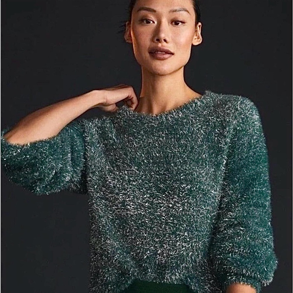 Anthropologie Maeve Green Teal Tinsel Eyelash Cropped Sweater Size XS Petite